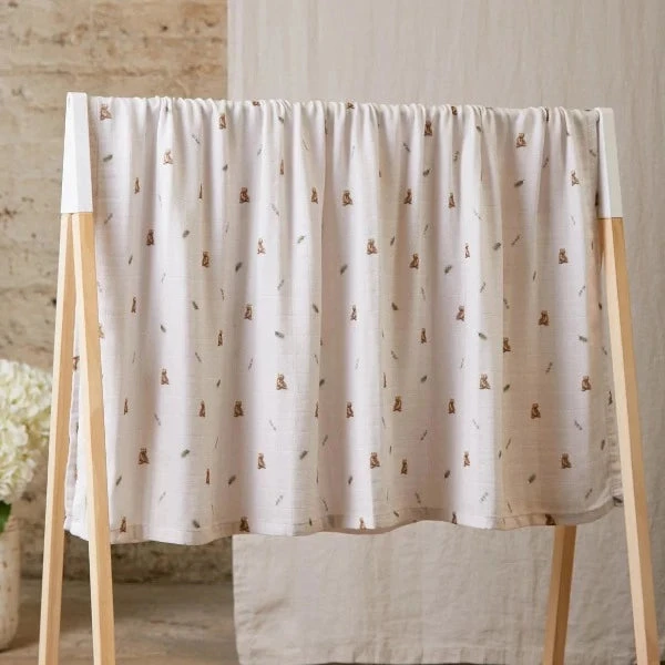Rosa And Blue Bamboo Muslin Swaddle - Brown Bear