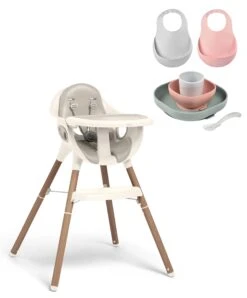 Juice Highchair & Beaba Silicone Meal Set With Bibs Bundle - Croissant/Eucalyptus
