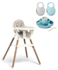 Juice Highchair & Beaba Silicone Meal Set With Bibs Bundle - Croissant/Jungle