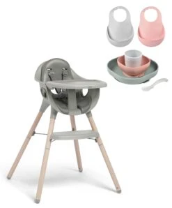 Juice Highchair & Beaba Silicone Meal Set With Bibs Bundle - Washed Grey/Eucalyptus
