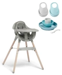 Juice Highchair & Beaba Silicone Meal Set With Bibs Bundle - Washed Grey/Jungle