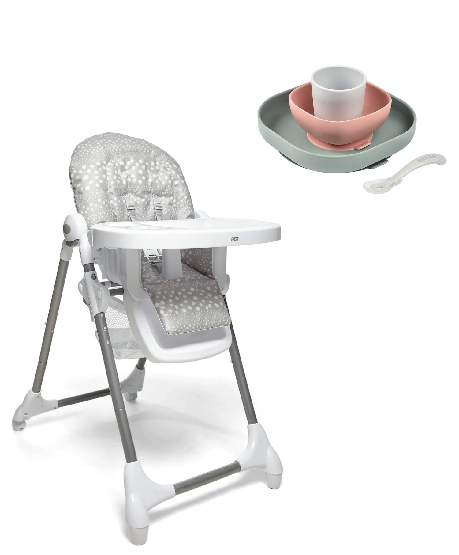 Snax Adjustable Grey Spot Highchair & Beaba Meal Set - Pink/Eucalyptus 1 Snax Adjustable Grey Spot Highchair & Beaba Meal Set - Pink/Eucalyptus