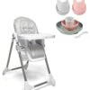 Snax Adjustable Grey Spot Highchair & Beaba Meal Set With Silicone Bibs - Eucalyptus/Pink