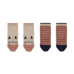 Liewood Silas Socks In Cat / Stripe Coral (2 Pack)
