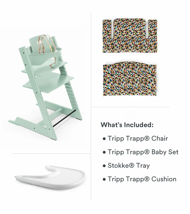 Tripp Trapp High Chair And Cushion With Stokke Tray Bundle - Soft Mint / Honeycomb Happy / White 2 Tripp Trapp High Chair And Cushion With Stokke Tray Bundle - Soft Mint / Honeycomb Happy / White - Image 2
