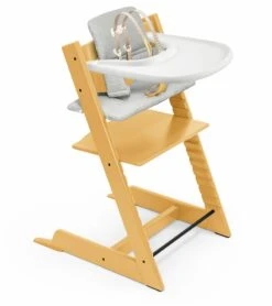 Tripp Trapp High Chair And Cushion With Stokke Tray Bundle - Sunflower Yellow / Nordic Grey / White